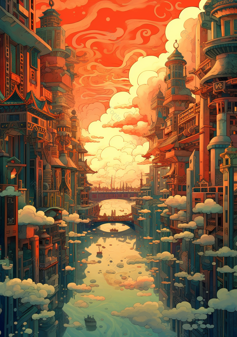夕阳中国风河流平静橙色小镇壁纸插画,插画/手绘图,插画/手绘图库,插画/手绘图下载,插画/手绘